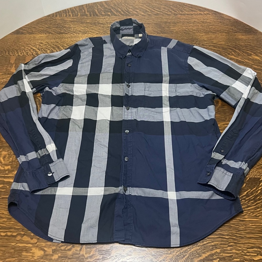 Burberry Brit Button Down Shirt Mens XL Navy Blue Mega Check Long Sleeve